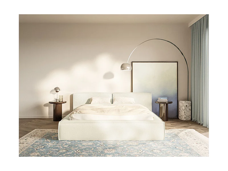 Lit coffre 200x200 avec coffre – sommier à lattes – chenille – crème – TILVES LOW