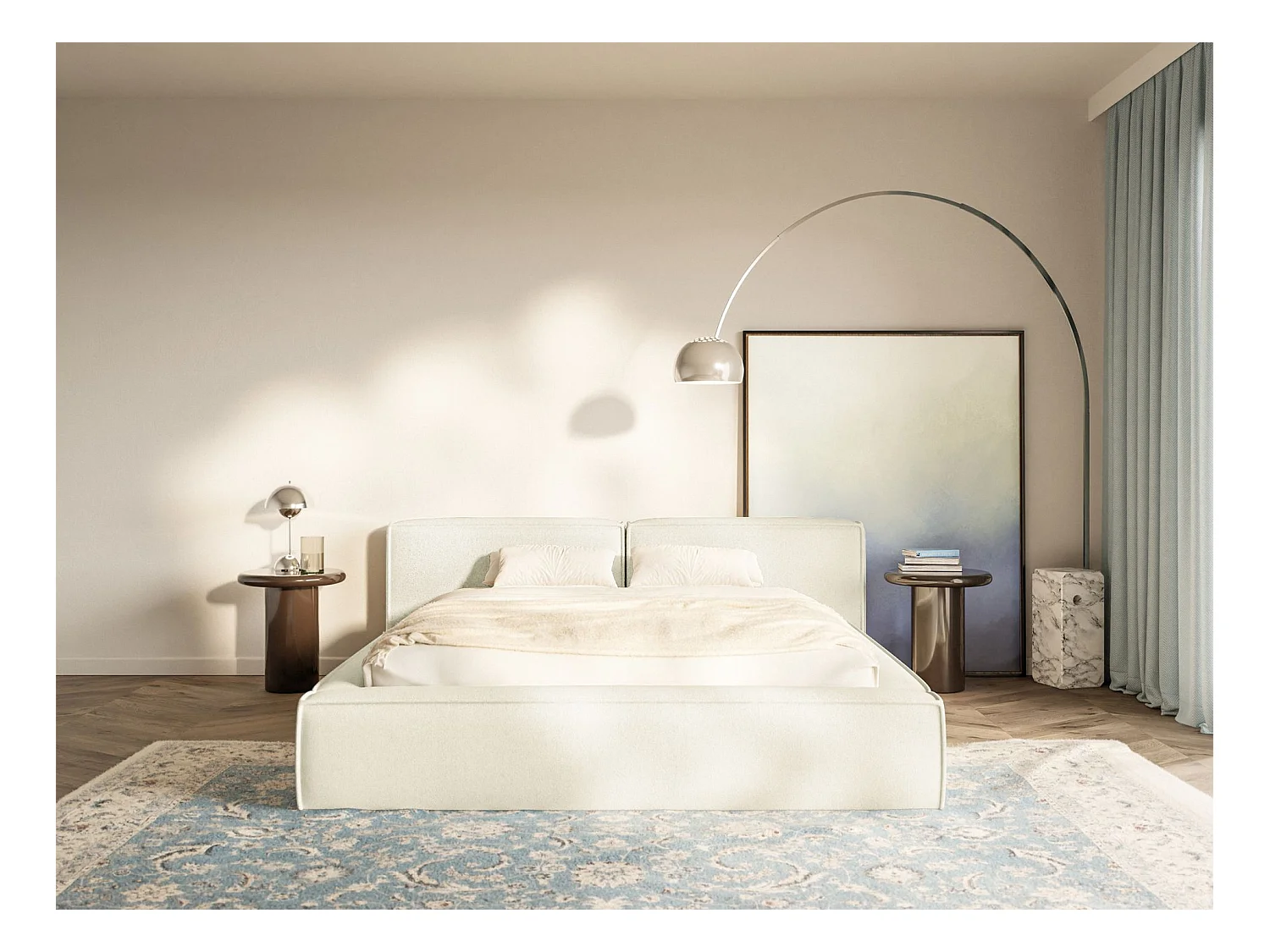 Polsterbett 200x200 mit Bettkasten – Lattenrost – Chenille – creme – TILVES LOW