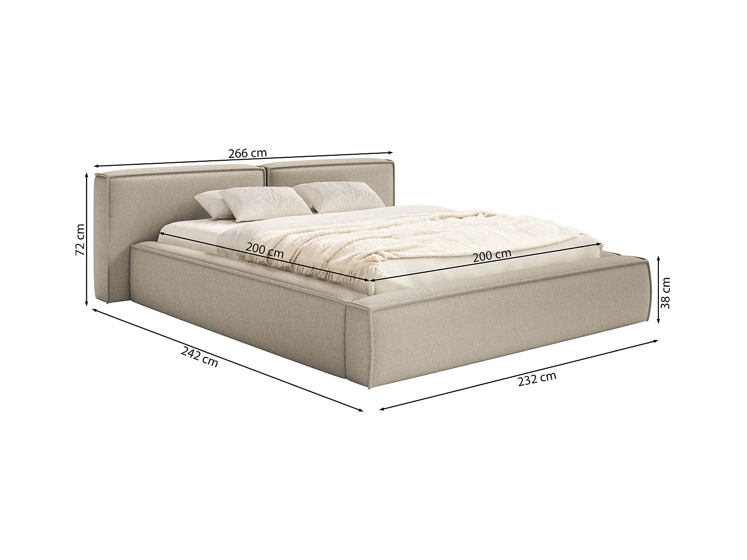 Polsterbett 200x200 mit Bettkasten – Lattenrost – Chenille – creme – TILVES LOW