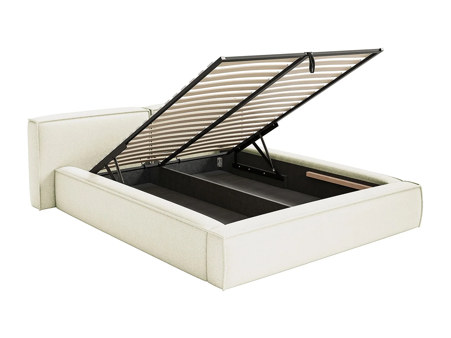 Lit coffre 200x200 avec coffre – sommier à lattes – chenille – crème – TILVES LOW