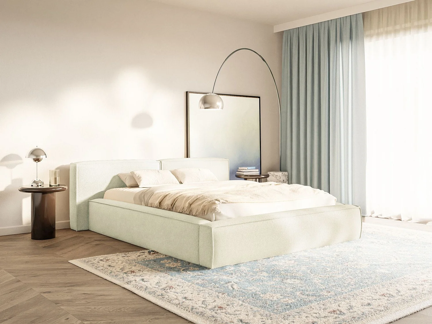Opbergbed 200x200 cm – met lattenbodem – chenille – crème – TILVES LOW