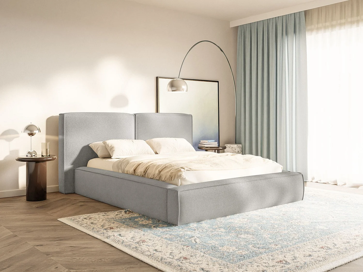 Lit tapissé 160x200 avec coffre – sommier à lattes – chenille – gris clair – TILVES