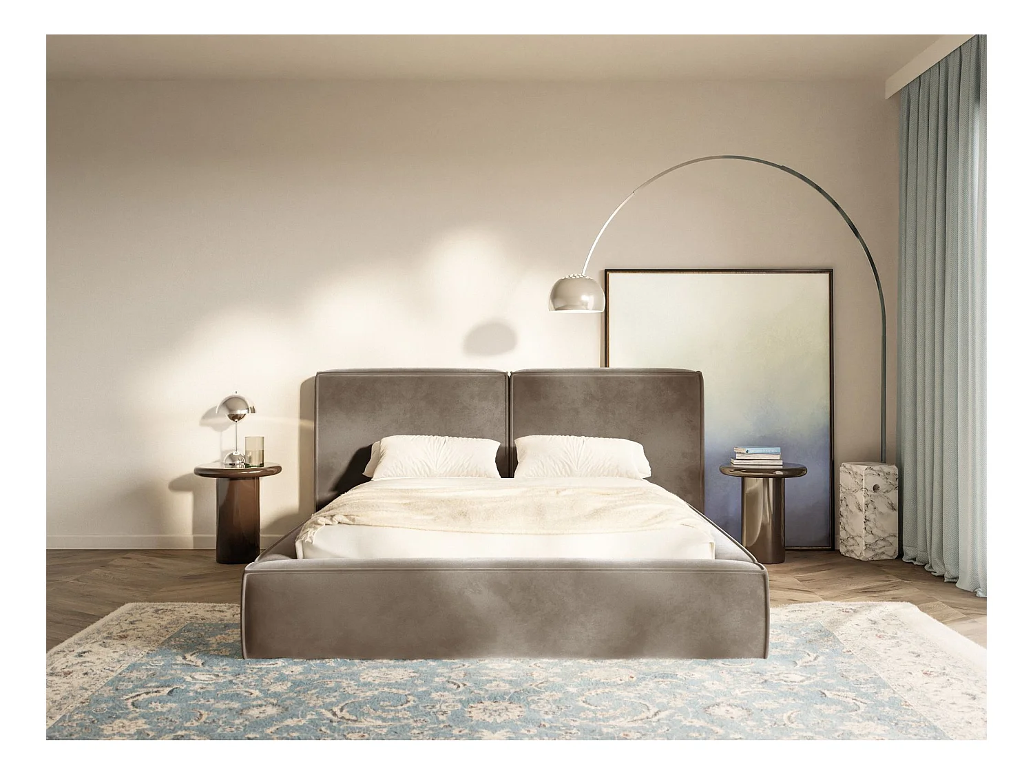 Polsterbett 200x200 mit Bettkasten – Lattenrost – Velours – hellbraun – TILVES