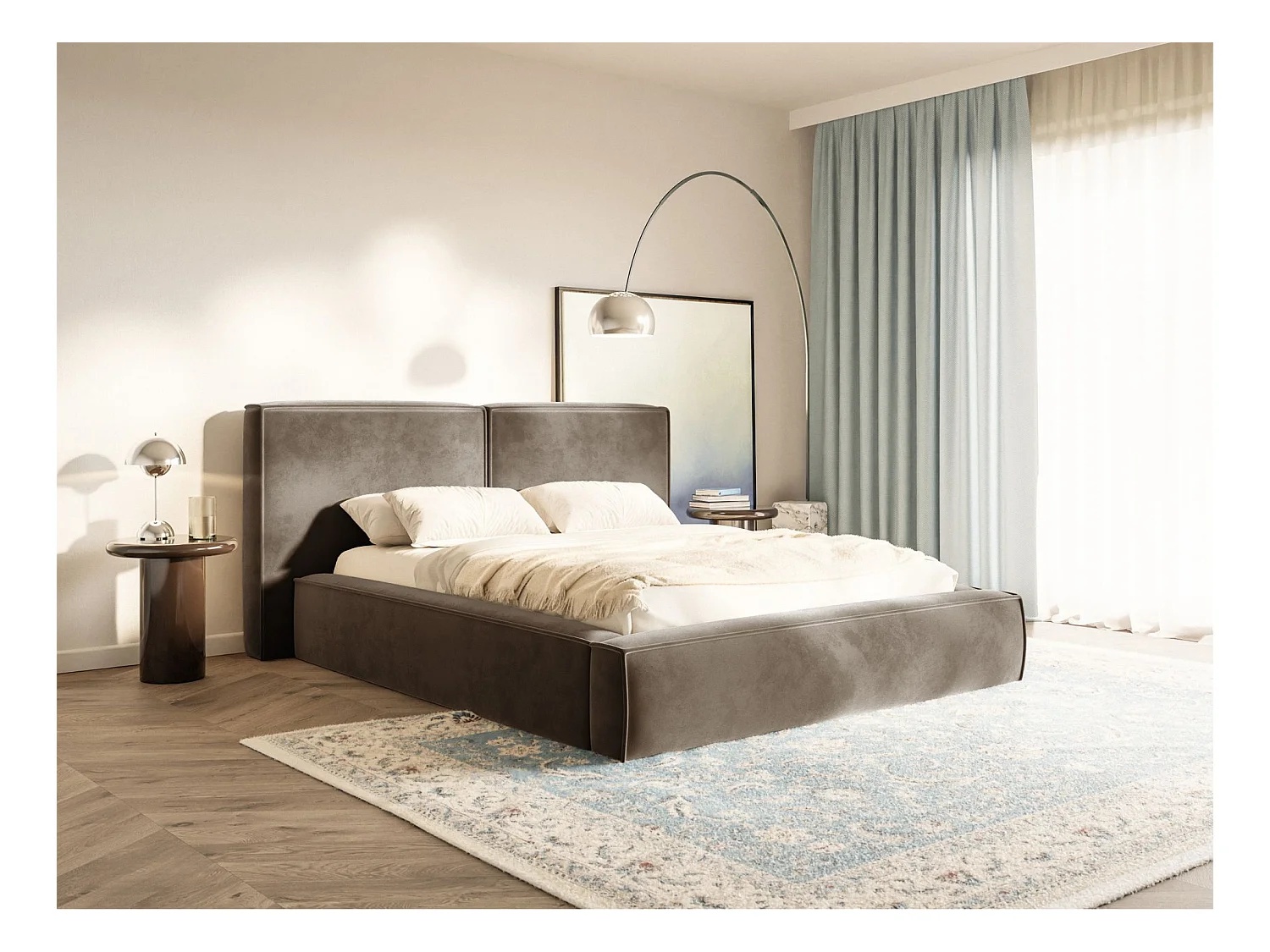 Polsterbett 200x200 mit Bettkasten – Lattenrost – Velours – hellbraun – TILVES