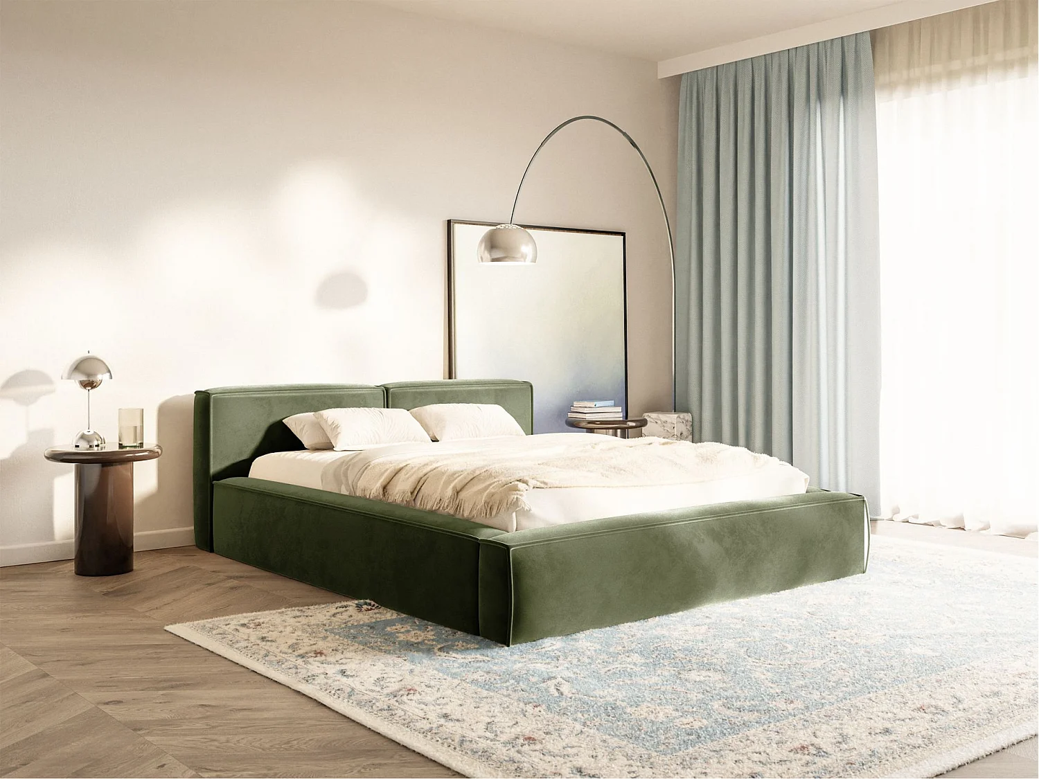 Lit coffre 160x200 avec coffre – sommier à lattes – velours – vert olive – TILVES SLIM