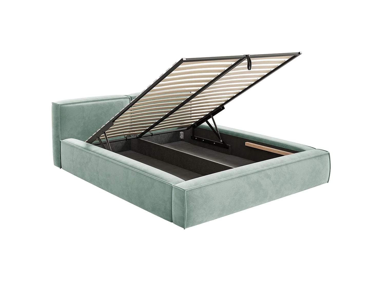 Lit coffre 140x200 avec coffre – sommier à lattes – velours – vert sauge – TILVES SLIM