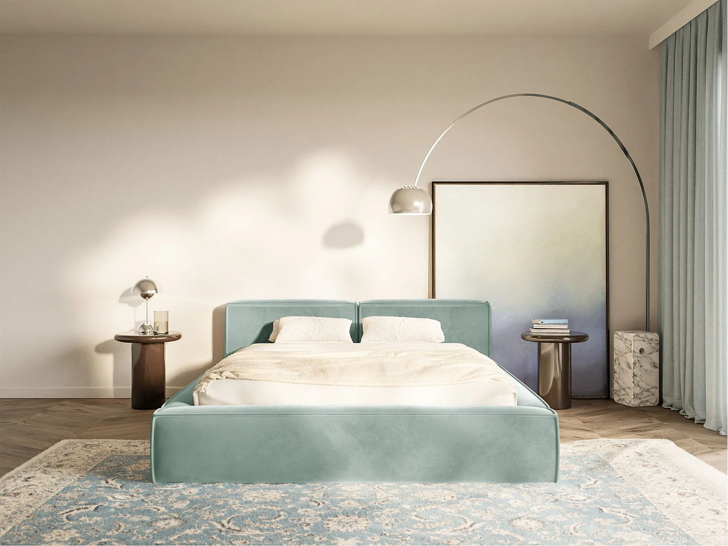 Polsterbett 180x200 mit Bettkasten – Lattenrost – Velours – salbeigrün – TILVES SLIM