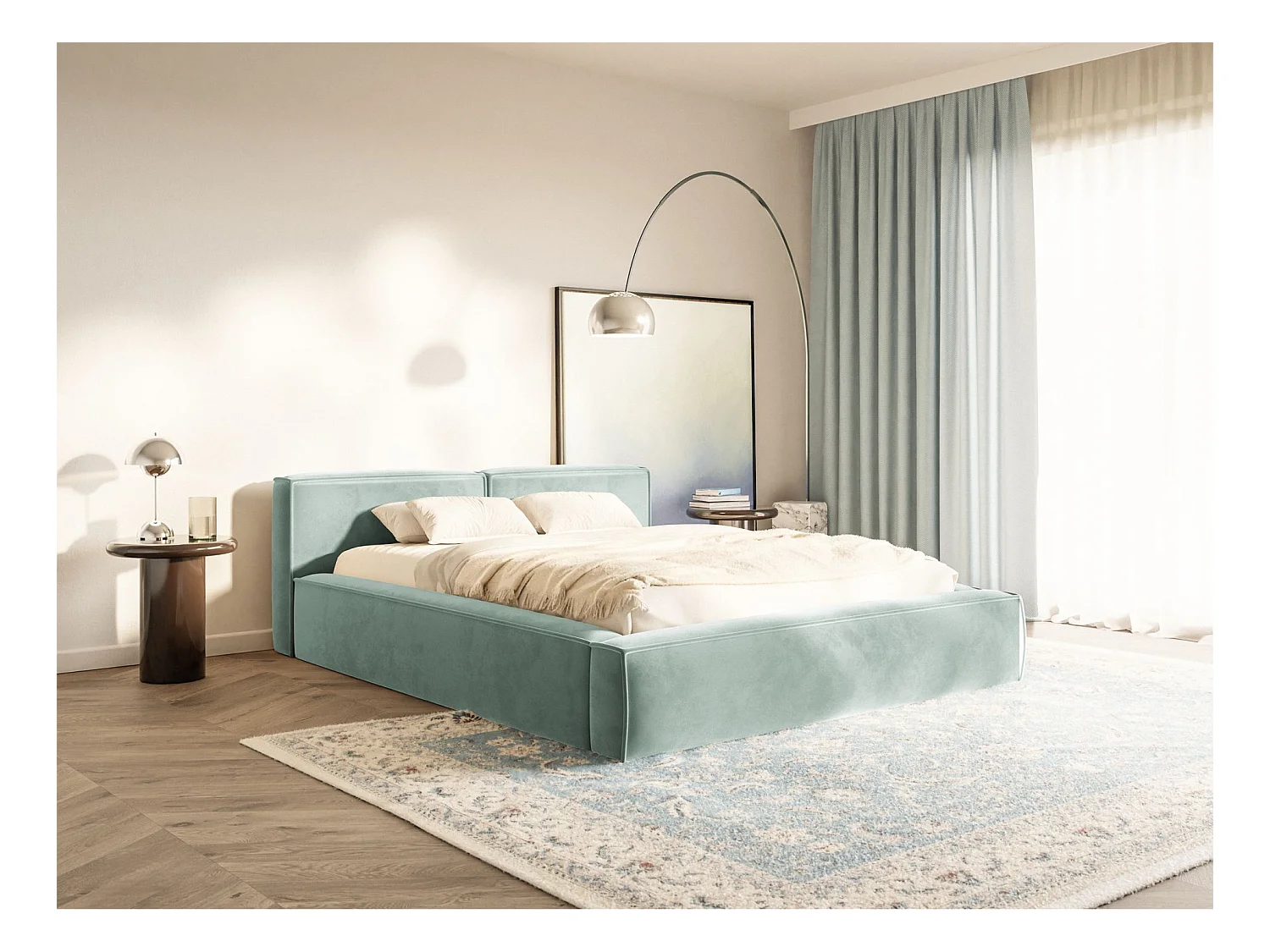 Polsterbett 180x200 mit Bettkasten – Lattenrost – Velours – salbeigrün – TILVES SLIM