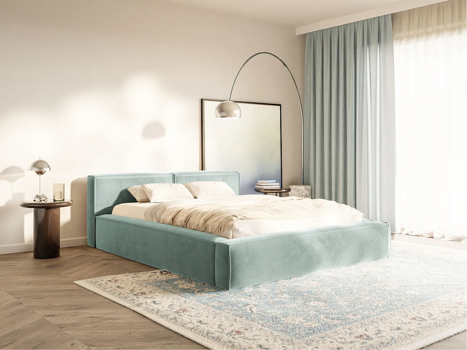 Lit coffre 180x200 avec coffre – sommier à lattes – velours – vert sauge – TILVES SLIM