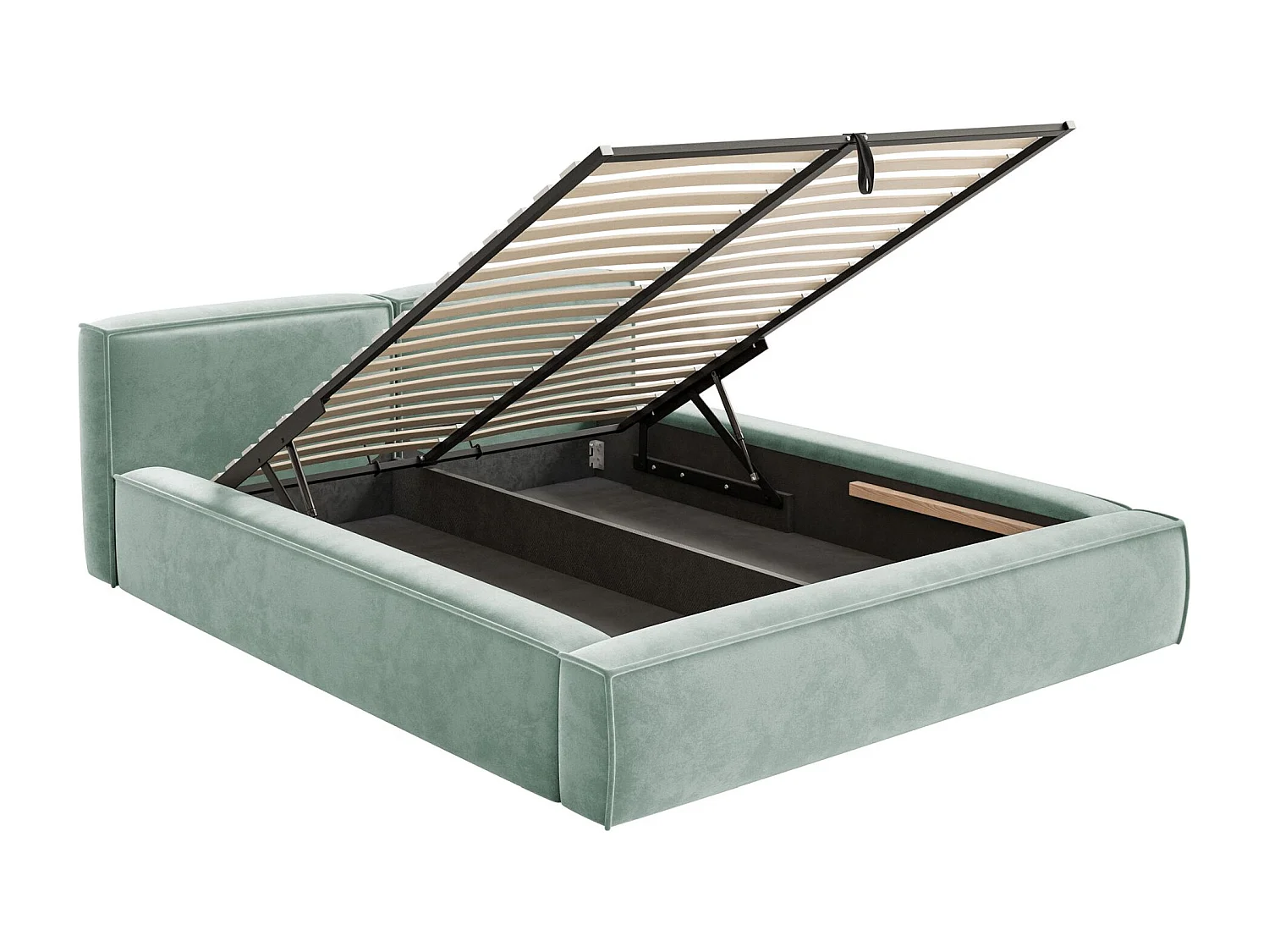 Lit coffre 180x200 avec coffre – sommier à lattes – velours – vert sauge – TILVES SLIM