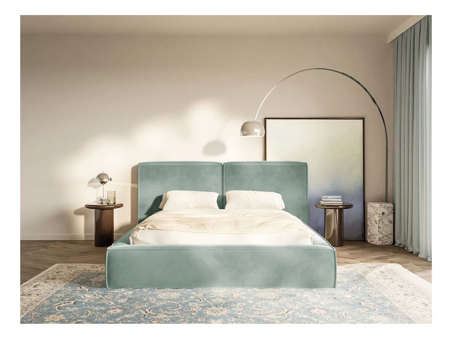 Polsterbett 200x200 mit Bettkasten – Lattenrost – Velours – salbeigrün – TILVES