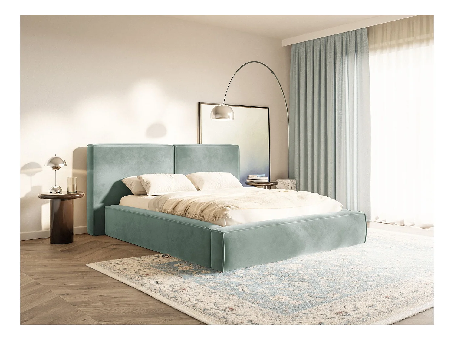 Polsterbett 200x200 mit Bettkasten – Lattenrost – Velours – salbeigrün – TILVES