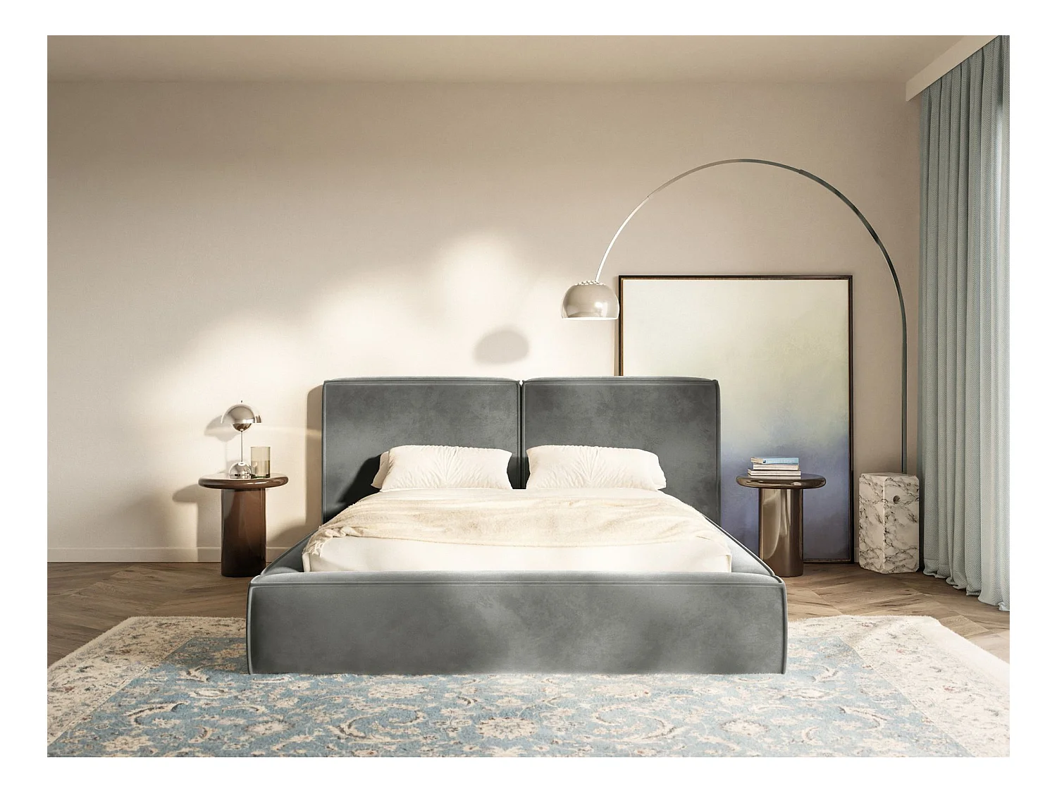 Polsterbett 200x200 mit Bettkasten – Lattenrost – Velours – grau – TILVES