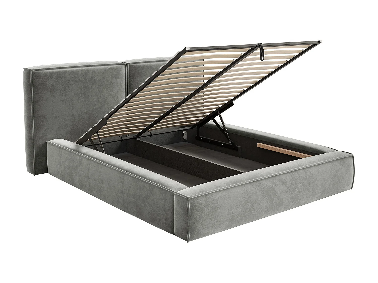 Lit tapissé 200x200 avec coffre – sommier à lattes – velours – gris – TILVES