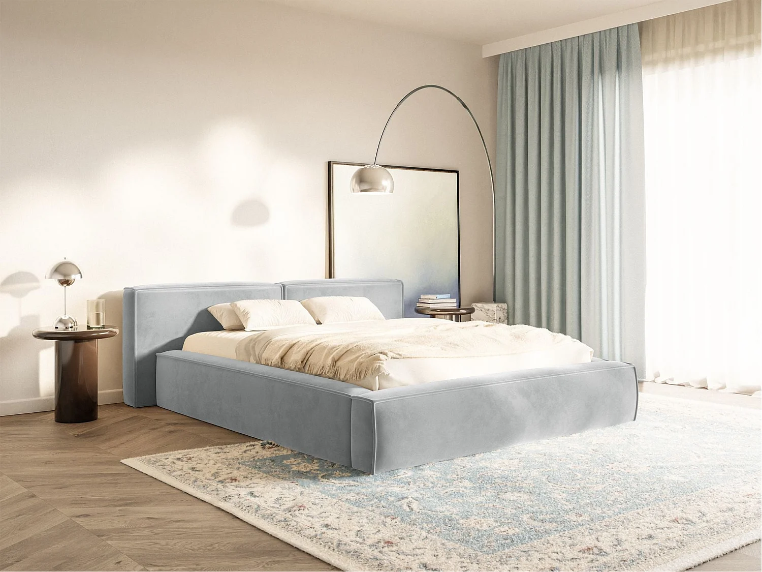 Lit coffre 200x200 avec coffre – sommier à lattes – velours – gris clair – TILVES LOW