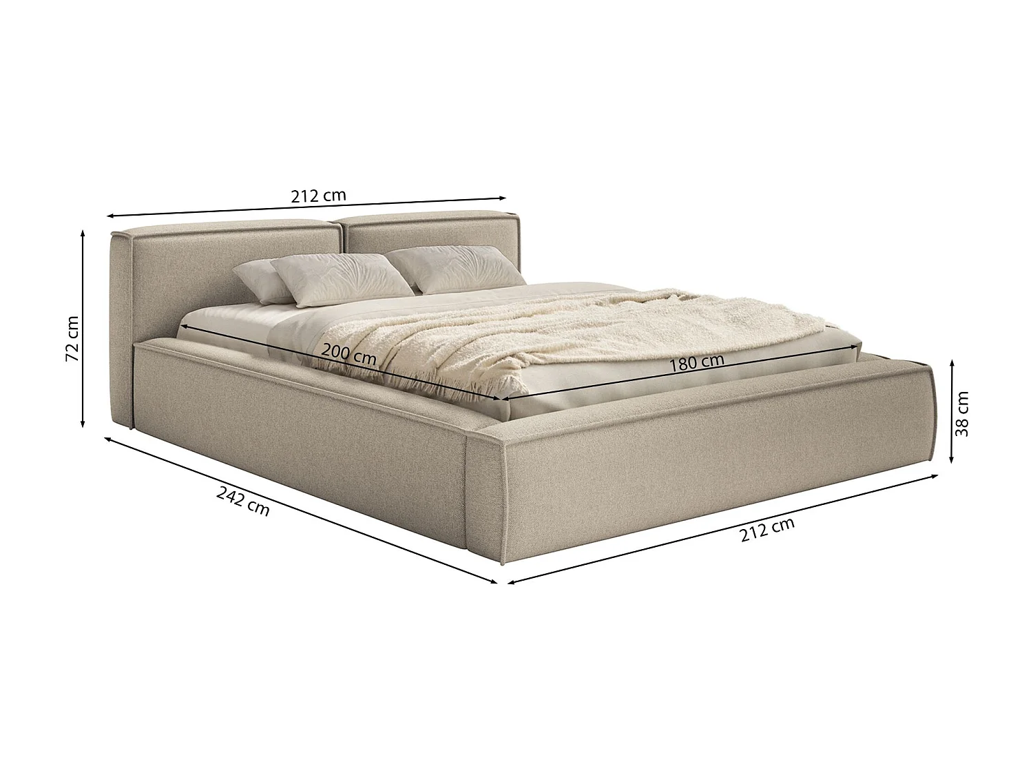 Lit coffre 180x200 avec coffre – sommier à lattes – chenille – beige clair – TILVES SLIM