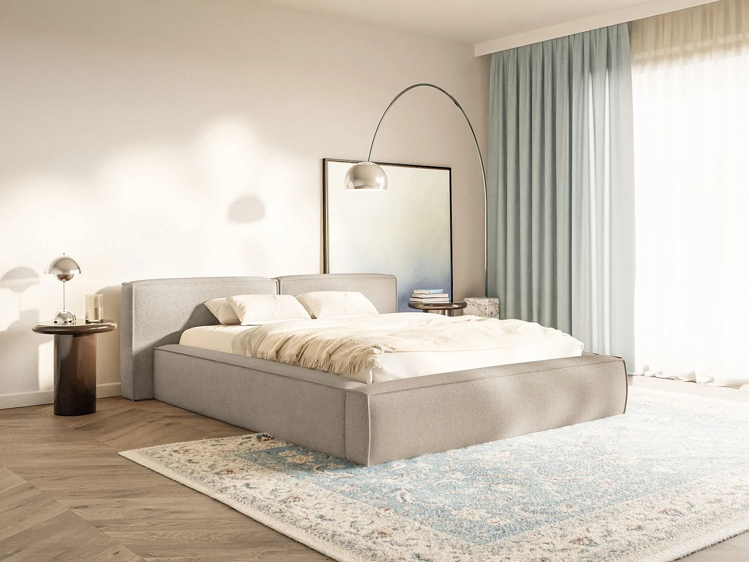 Lit coffre 180x200 avec coffre – sommier à lattes – chenille – beige – TILVES LOW