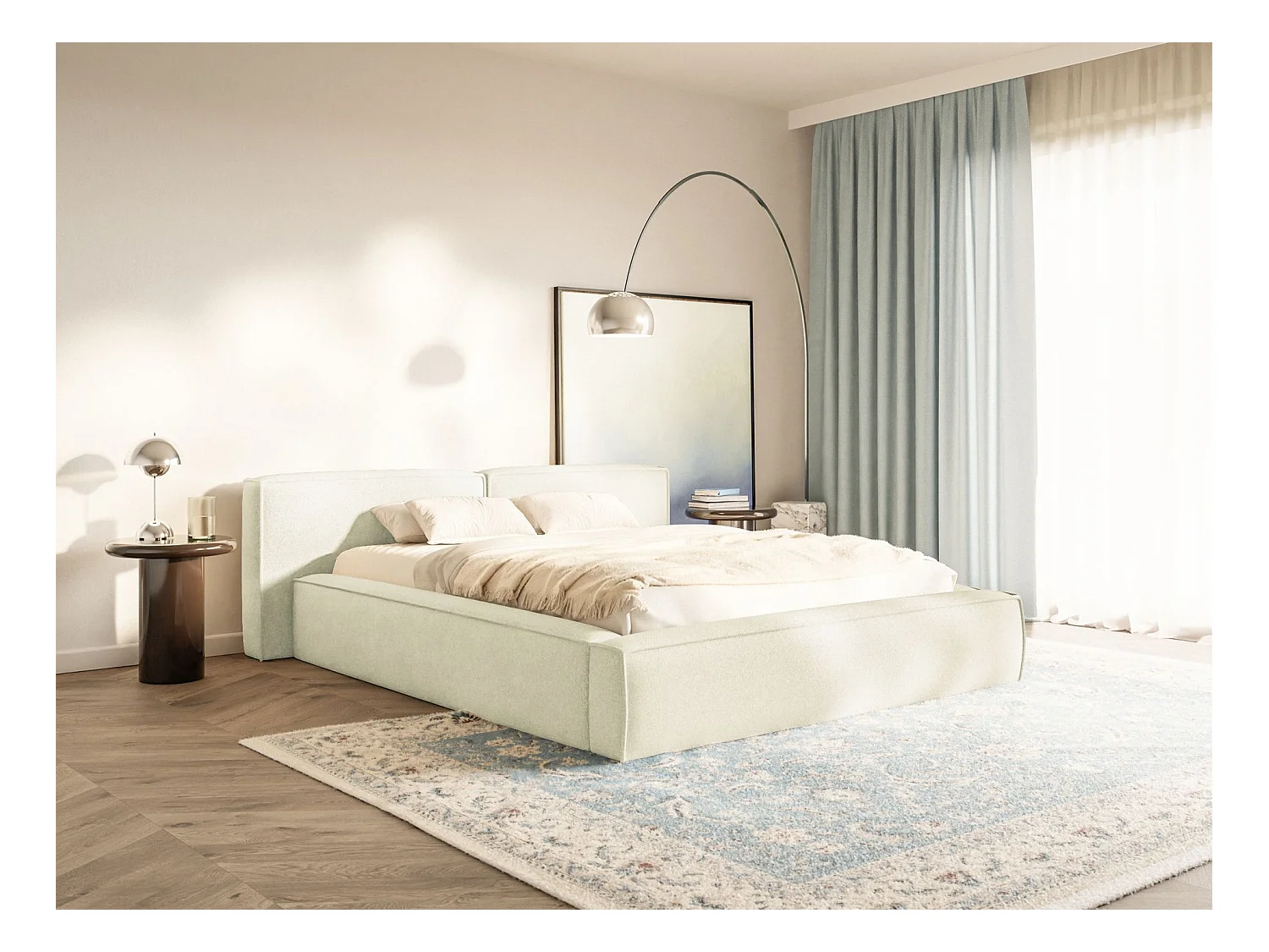 Polsterbett 160x200 mit Bettkasten – Lattenrost – Chenille – creme – TILVES LOW