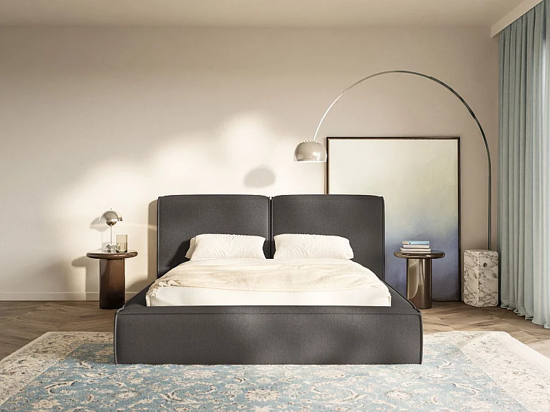 Lit tapissé 160x200 avec coffre – sommier à lattes – chenille – gris graphite – TILVES