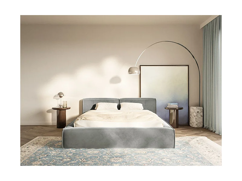 Lit coffre 200x200 avec coffre – sommier à lattes – velours – gris – TILVES SLIM