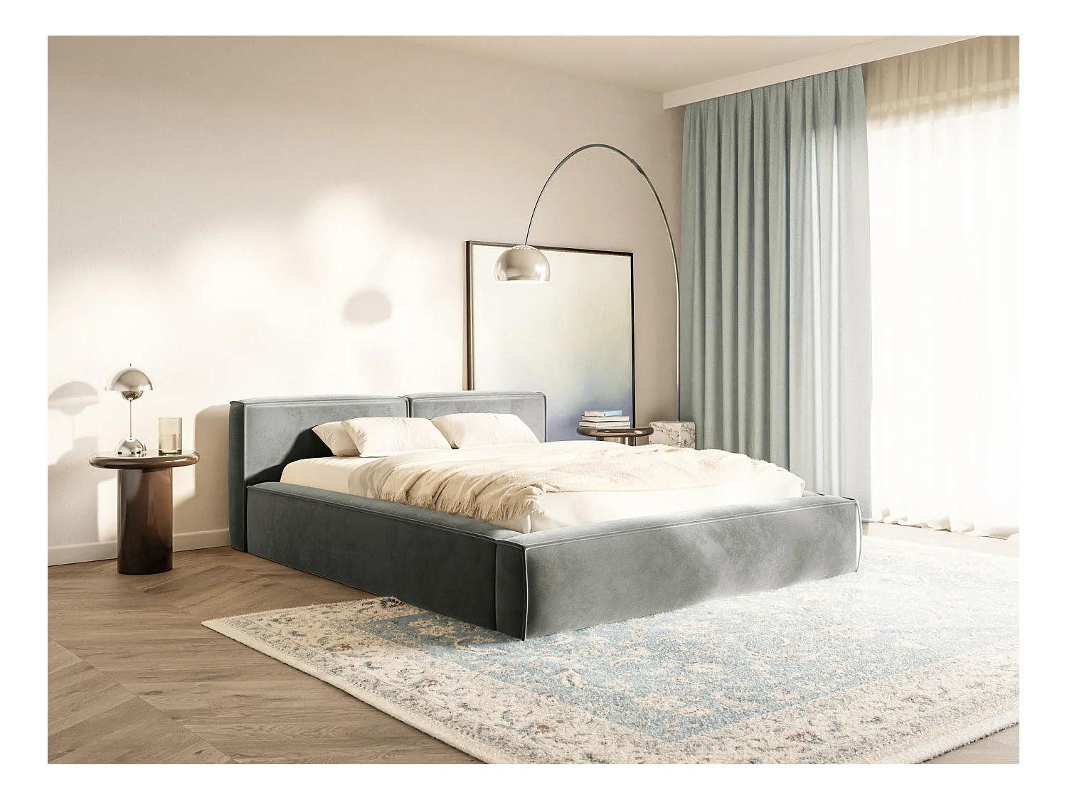 Polsterbett 200x200 mit Bettkasten – Lattenrost – Velours – grau – TILVES SLIM