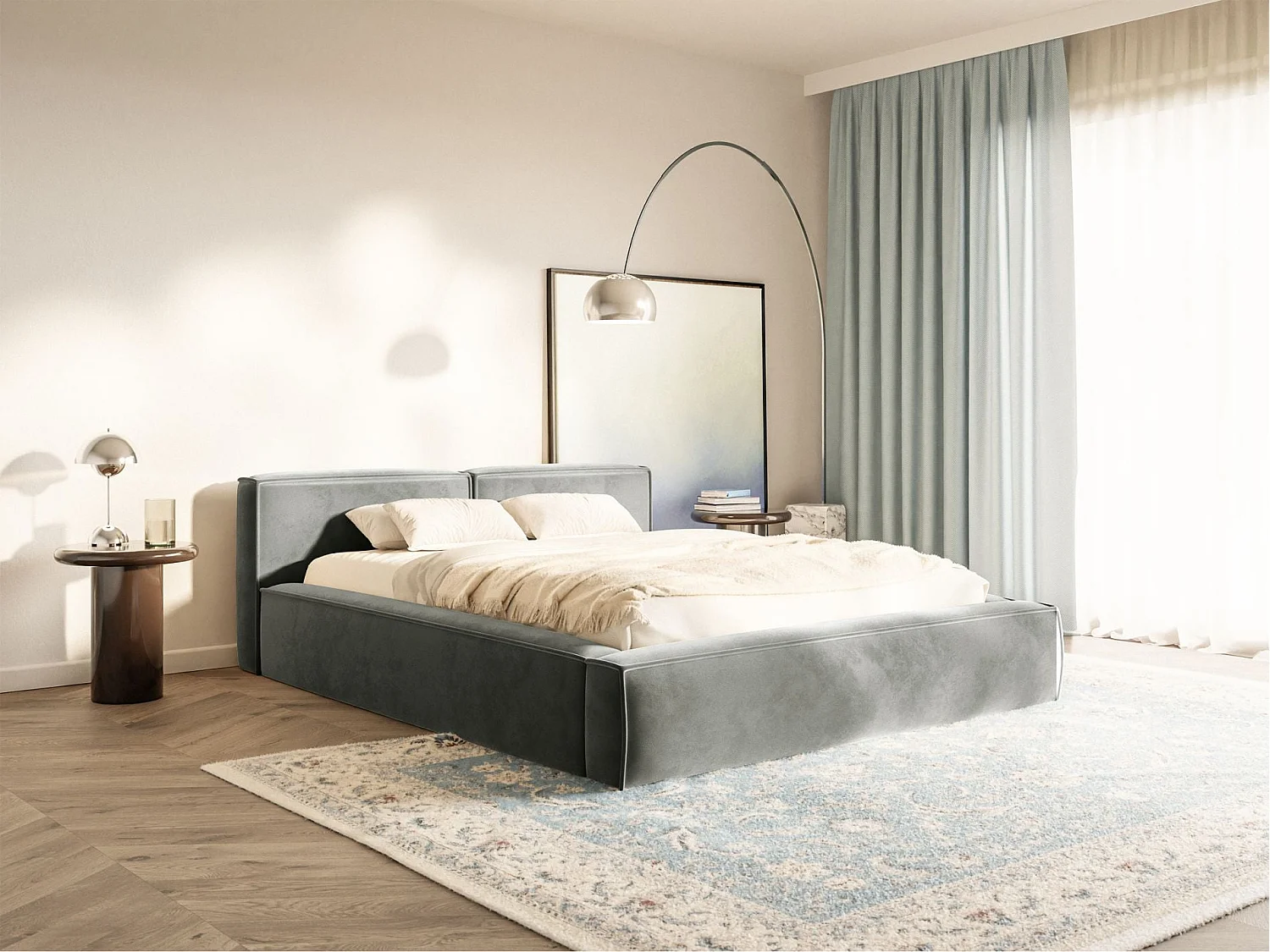 Lit coffre 200x200 avec coffre – sommier à lattes – velours – gris – TILVES SLIM
