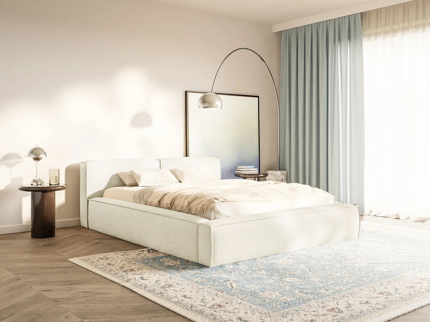 Lit coffre 140x200 avec coffre – sommier à lattes – chenille – crème – TILVES SLIM