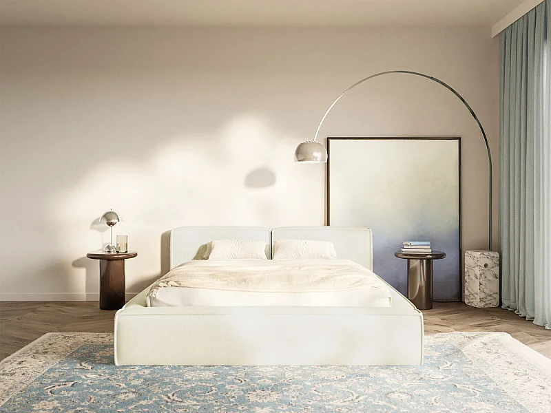 Lit coffre 140x200 avec coffre – sommier à lattes – chenille – crème – TILVES SLIM