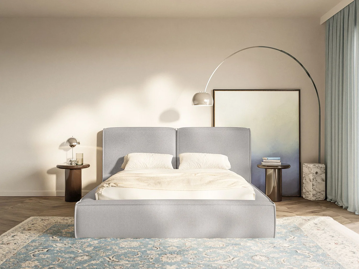 Lit tapissé 180x200 avec coffre – sommier à lattes – chenille – gris clair – TILVES