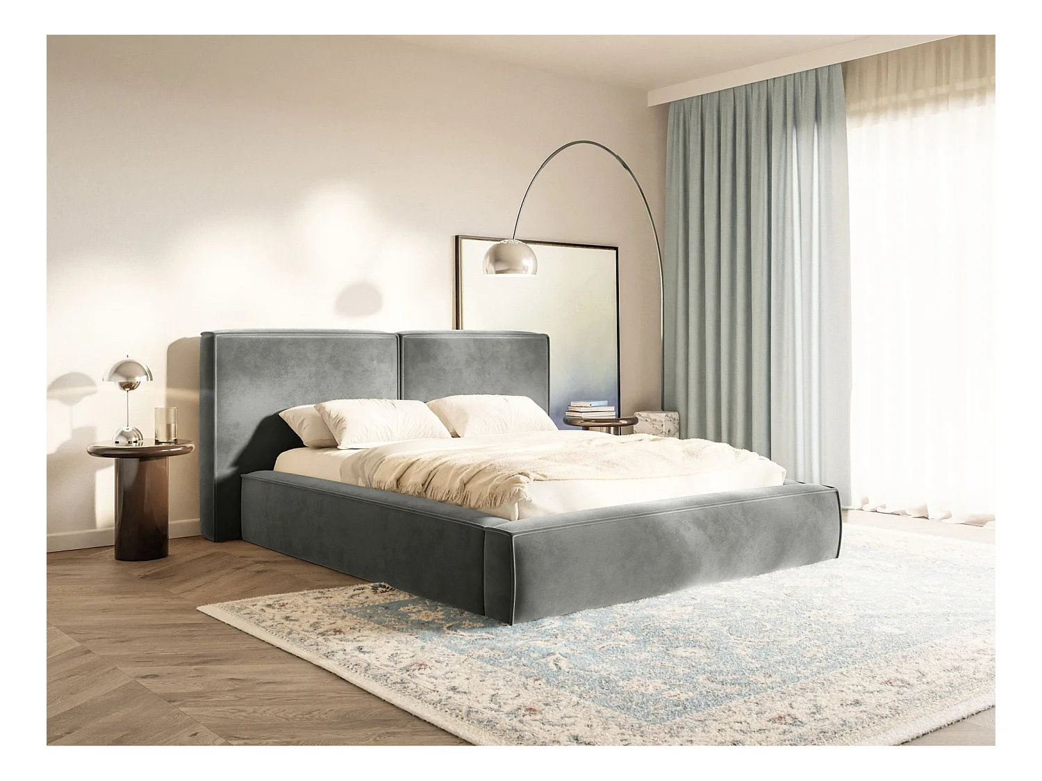 Lit tapissé 140x200 avec coffre – sommier à lattes – velours – gris – TILVES