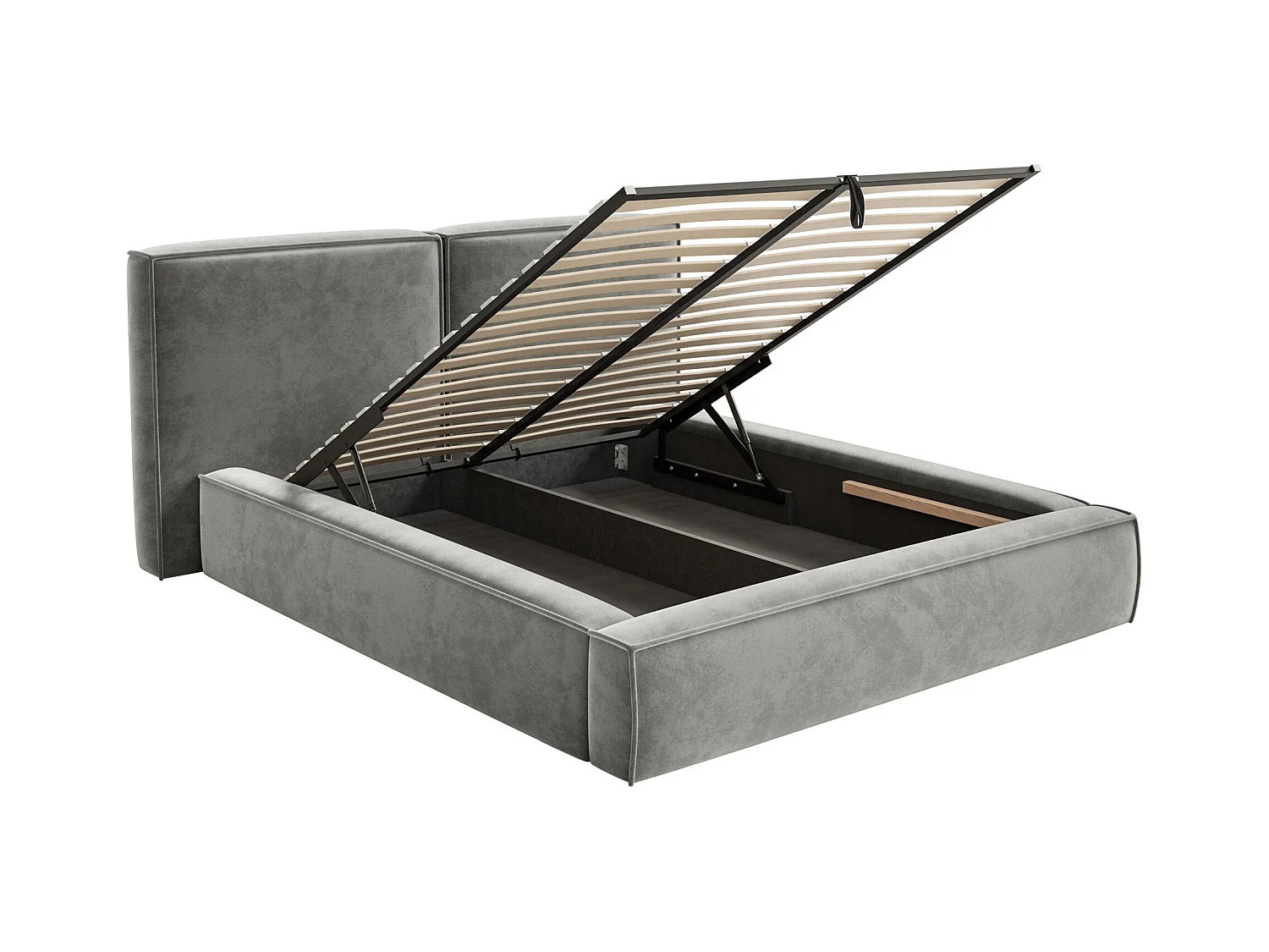 Lit tapissé 140x200 avec coffre – sommier à lattes – velours – gris – TILVES
