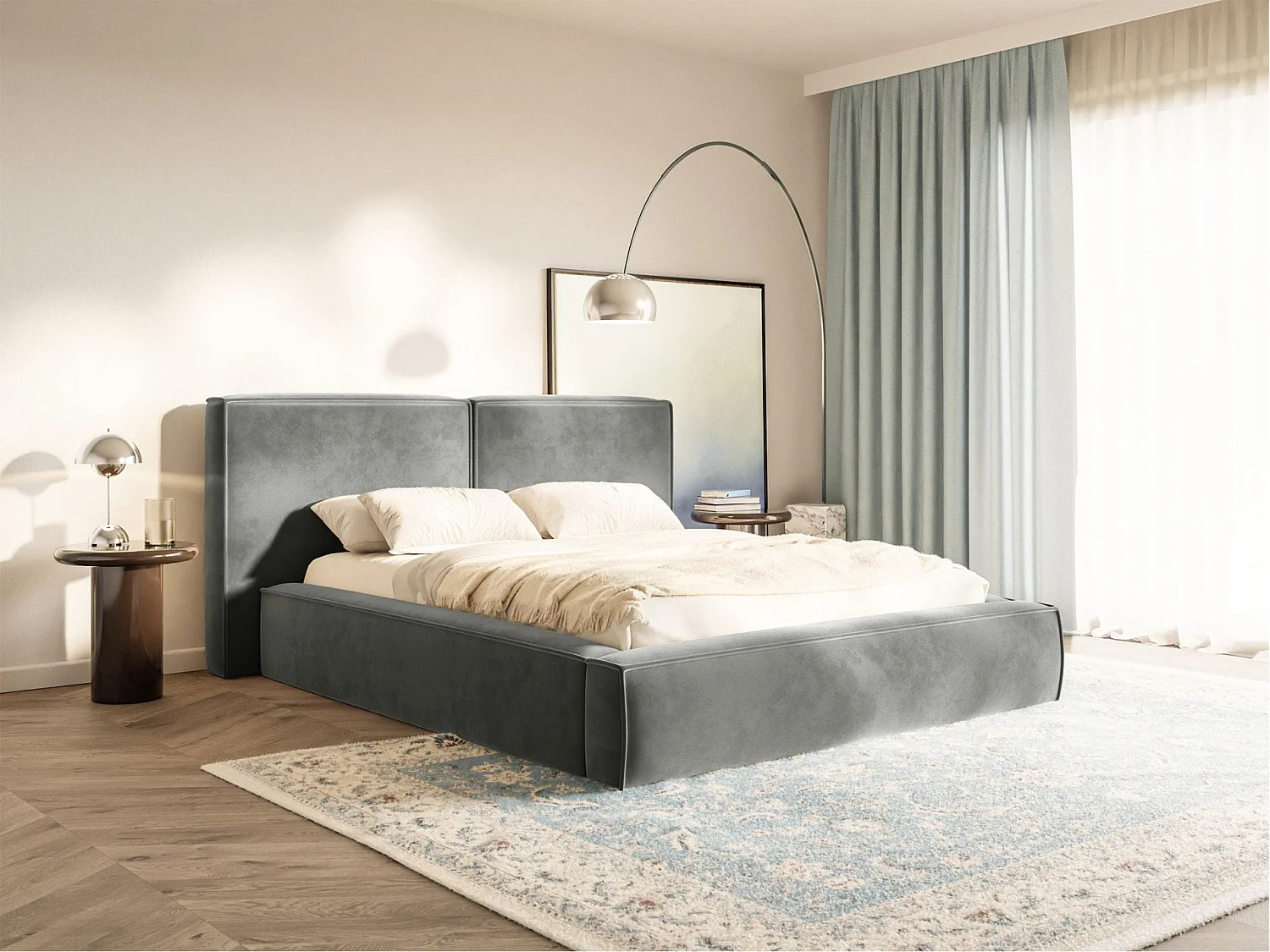 Lit tapissé 140x200 avec coffre – sommier à lattes – velours – gris – TILVES