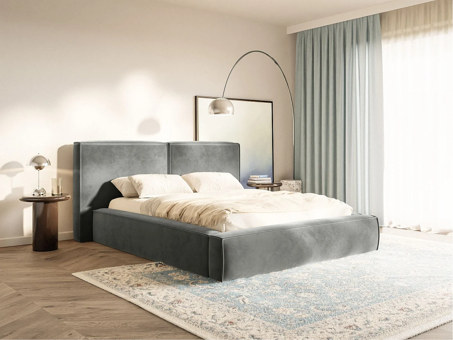 Gestoffeerd bed 140x200 – opbergruimte – lattenbodem – velours – grijs – TILVES