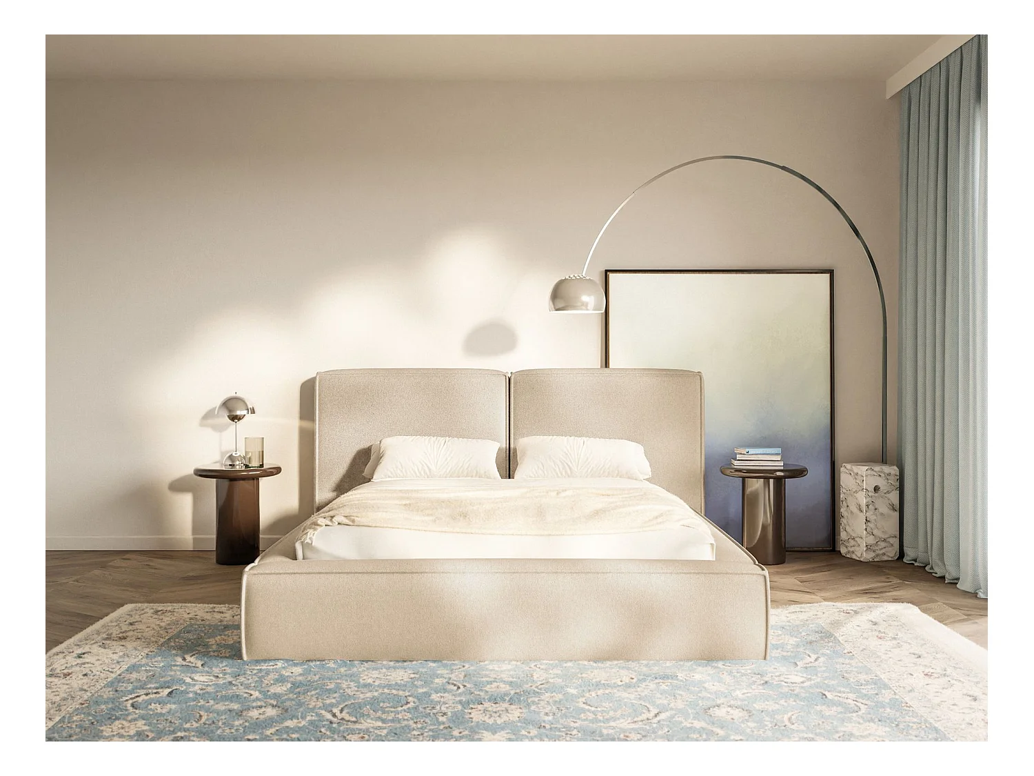 Lit tapissé 180x200 avec coffre – sommier à lattes – chenille – beige clair – TILVES