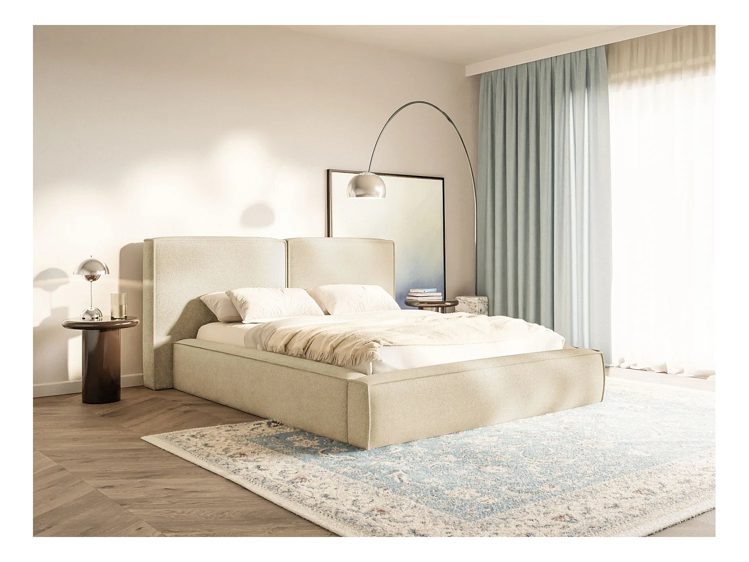 Lit tapissé 180x200 avec coffre – sommier à lattes – chenille – beige clair – TILVES