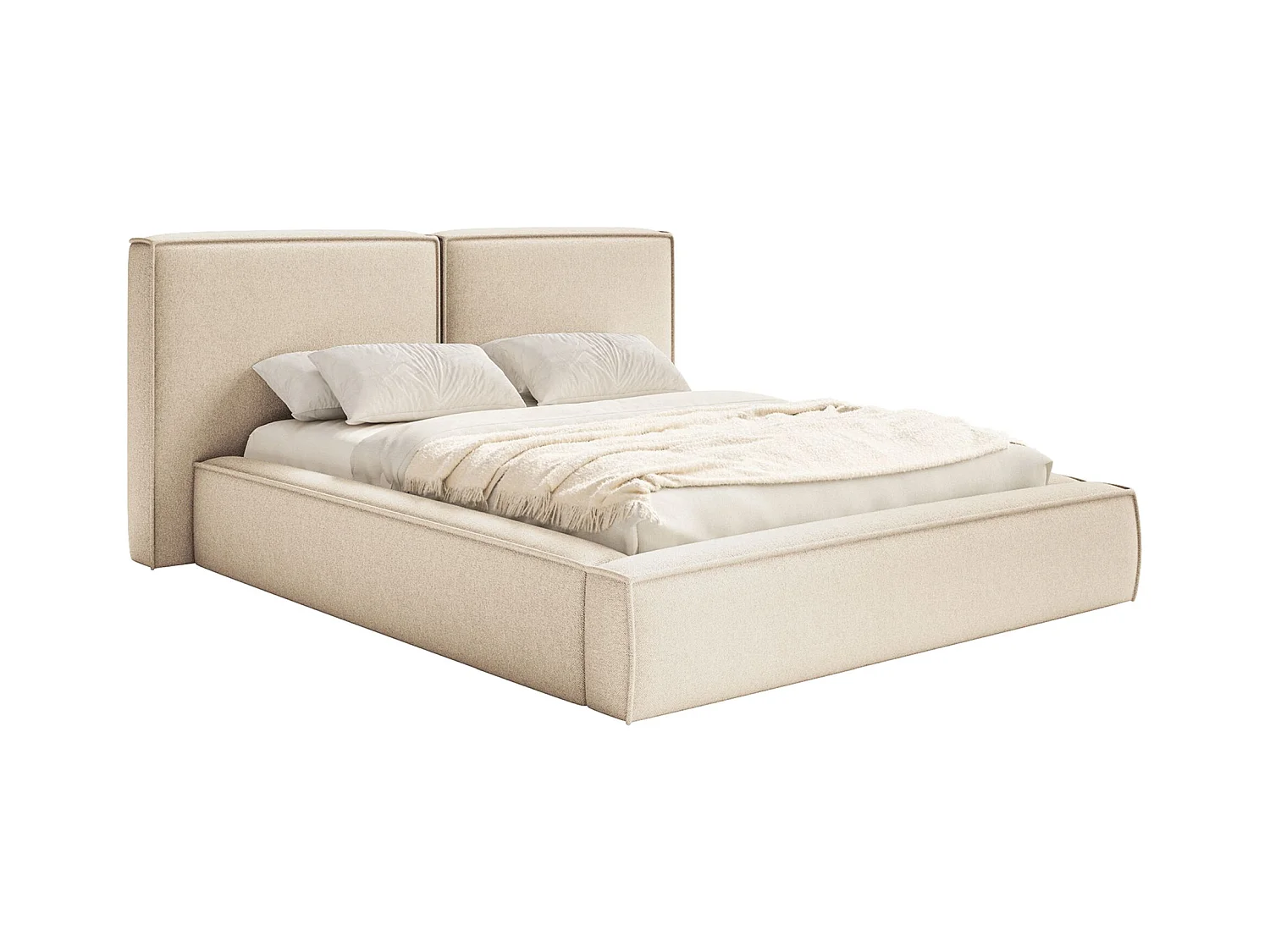 Lit tapissé 180x200 avec coffre – sommier à lattes – chenille – beige clair – TILVES