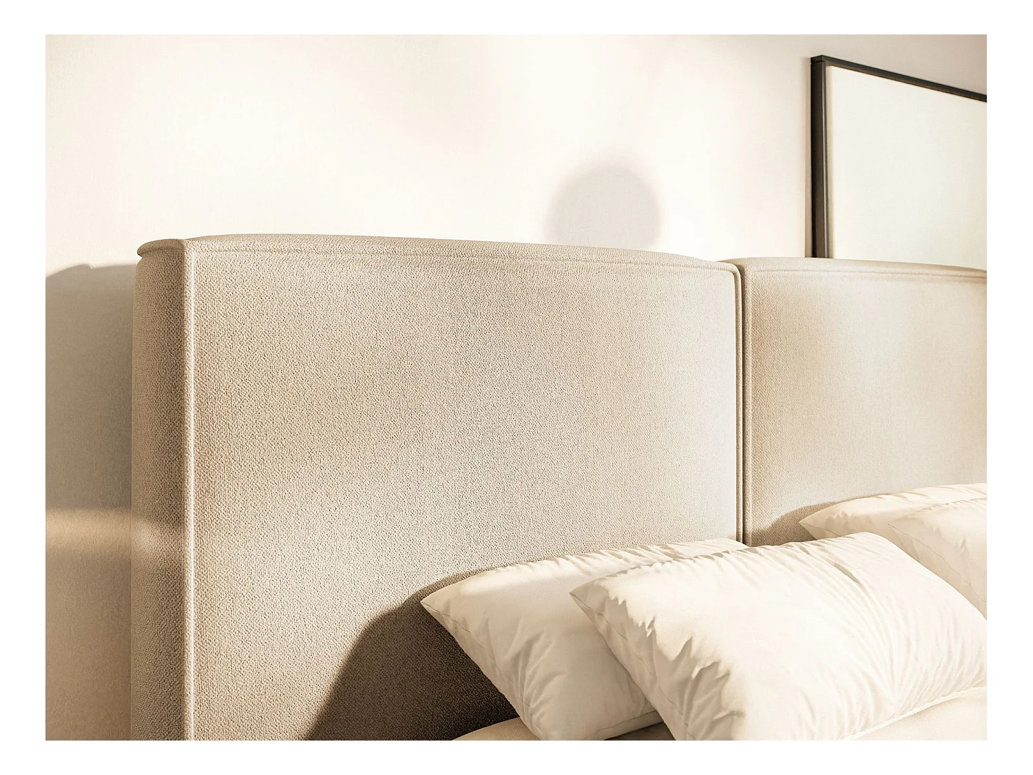 Lit tapissé 180x200 avec coffre – sommier à lattes – chenille – beige clair – TILVES