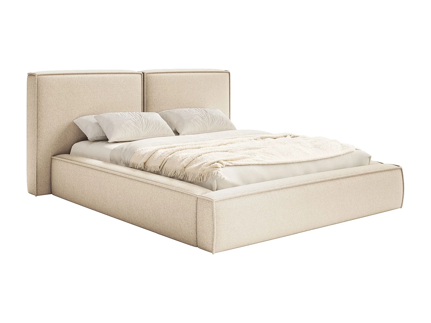 Lit tapissé 180x200 avec coffre – sommier à lattes – chenille – beige clair – TILVES
