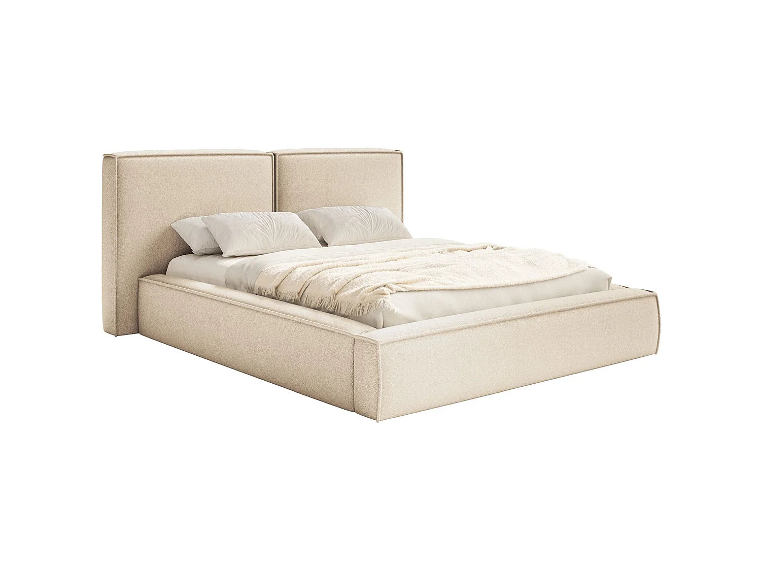 Lit tapissé 180x200 avec coffre – sommier à lattes – chenille – beige clair – TILVES