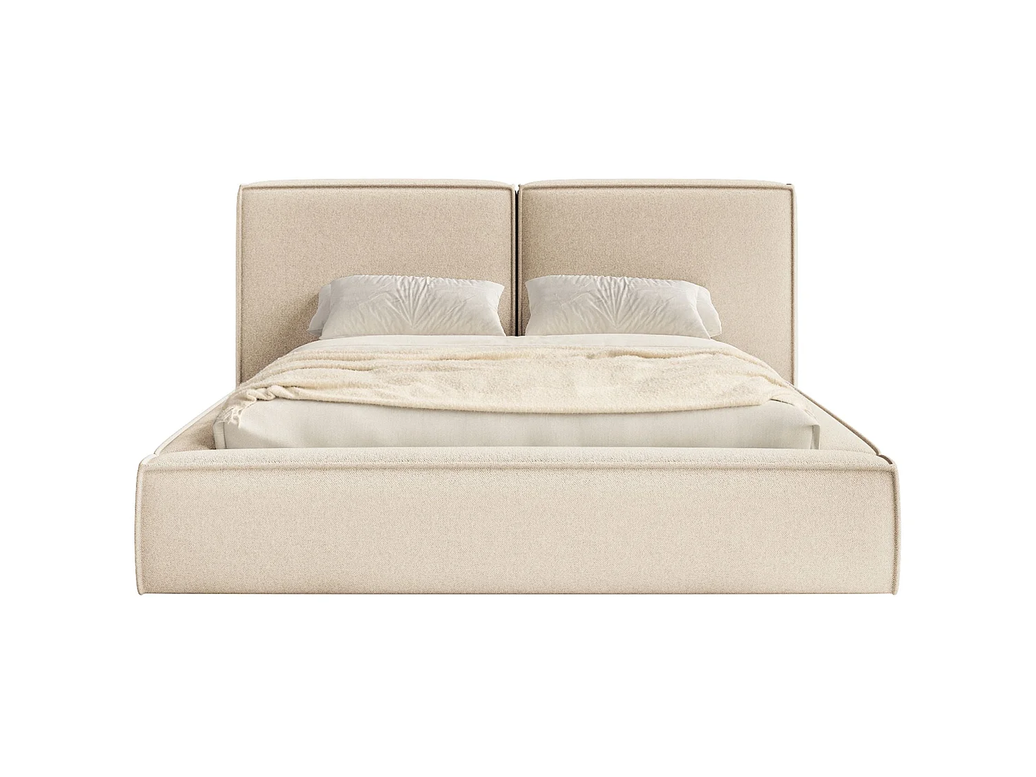 Lit tapissé 180x200 avec coffre – sommier à lattes – chenille – beige clair – TILVES