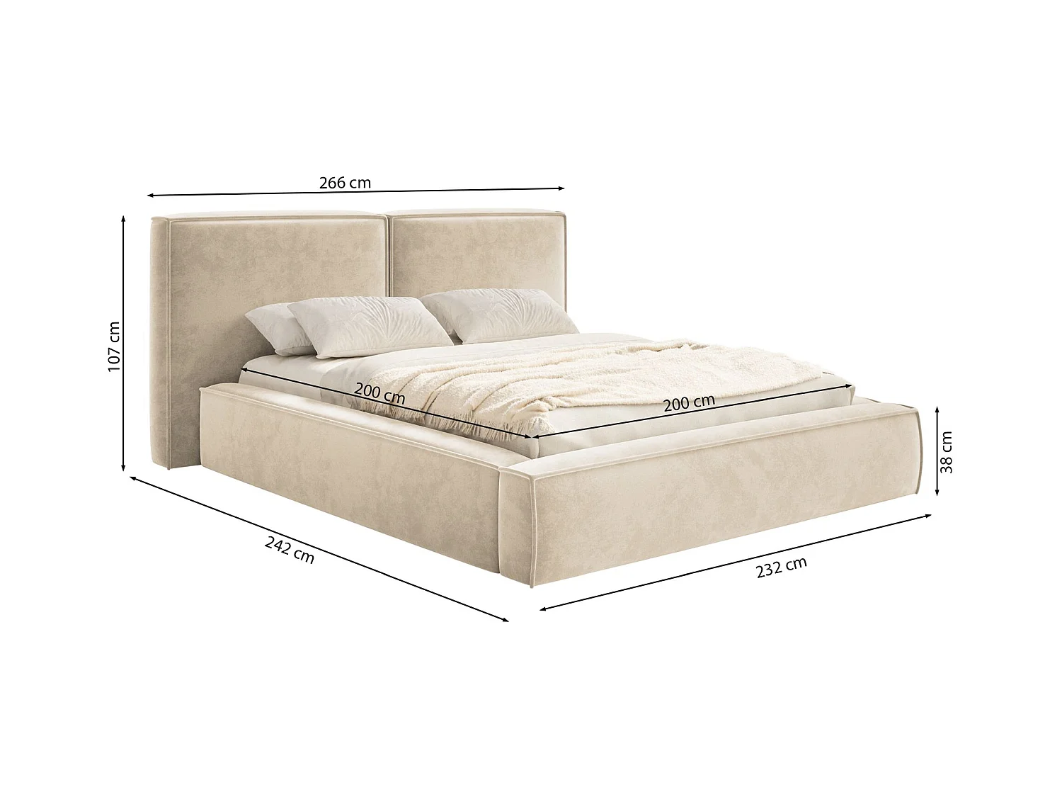 Polsterbett 200x200 mit Bettkasten – Lattenrost – Velours – hellgrau – TILVES