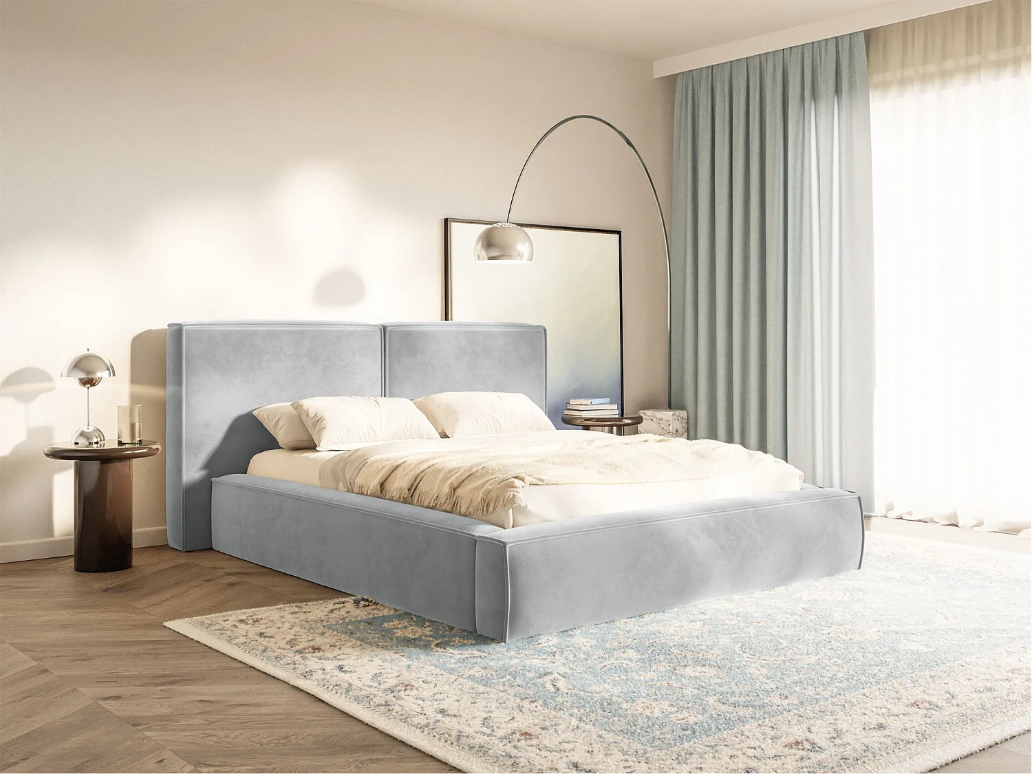 Lit tapissé 200x200 avec coffre – sommier à lattes – velours – gris clair – TILVES