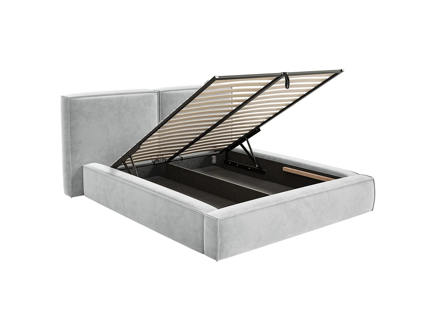 Lit tapissé 200x200 avec coffre – sommier à lattes – velours – gris clair – TILVES