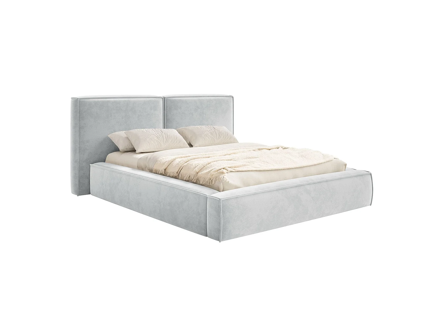 Lit tapissé 200x200 avec coffre – sommier à lattes – velours – gris clair – TILVES