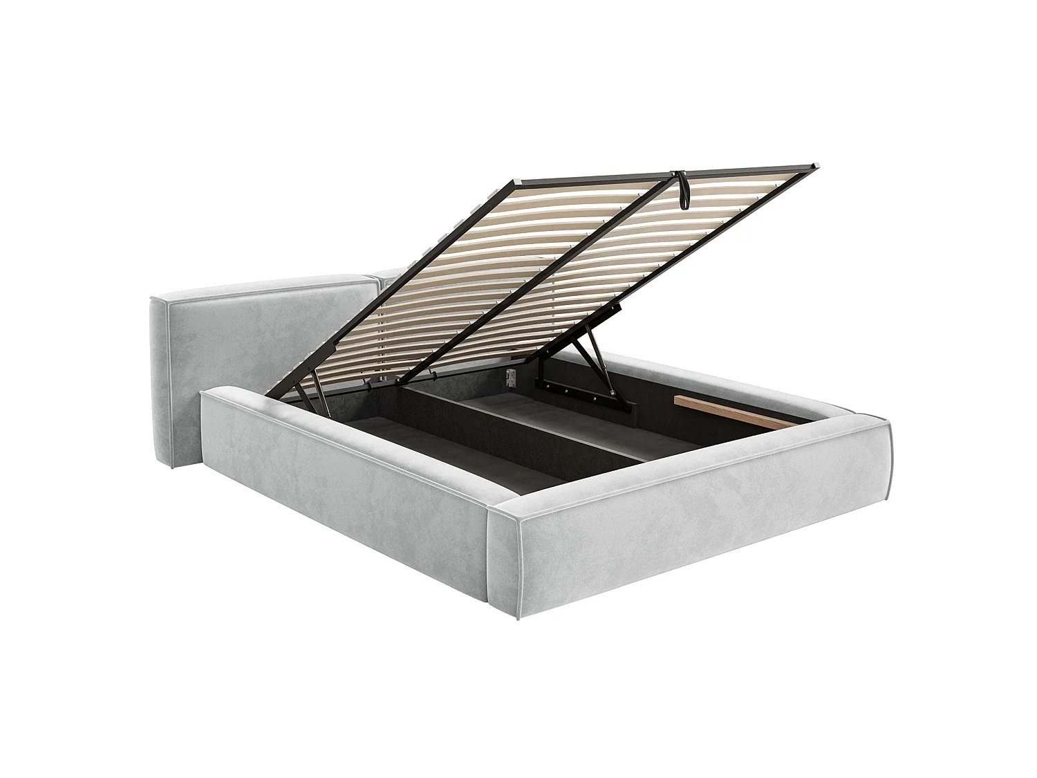 Lit coffre 180x200 avec coffre – sommier à lattes – velours – gris clair – TILVES LOW