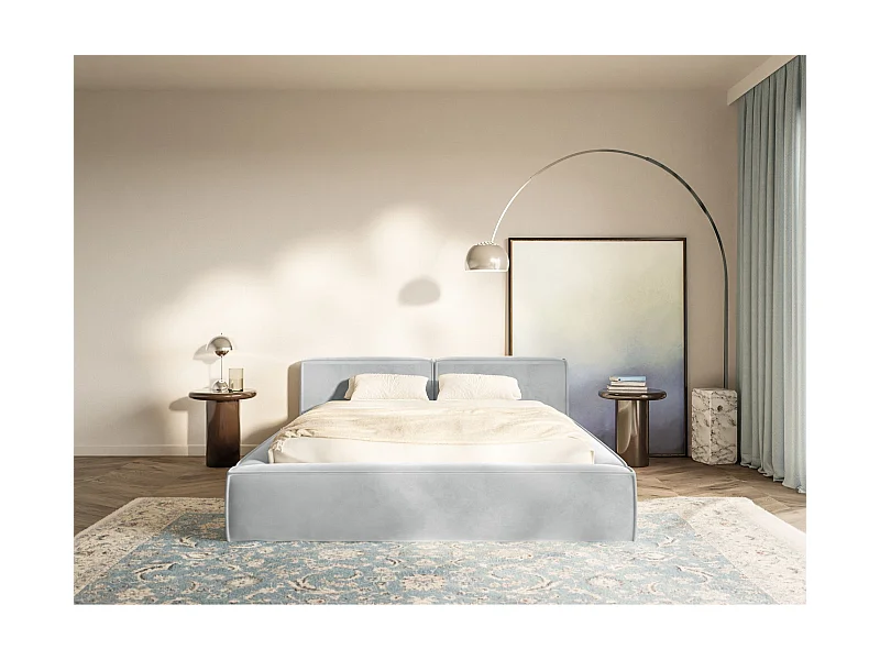 Lit coffre 140x200 avec coffre – sommier à lattes – velours – gris clair – TILVES SLIM