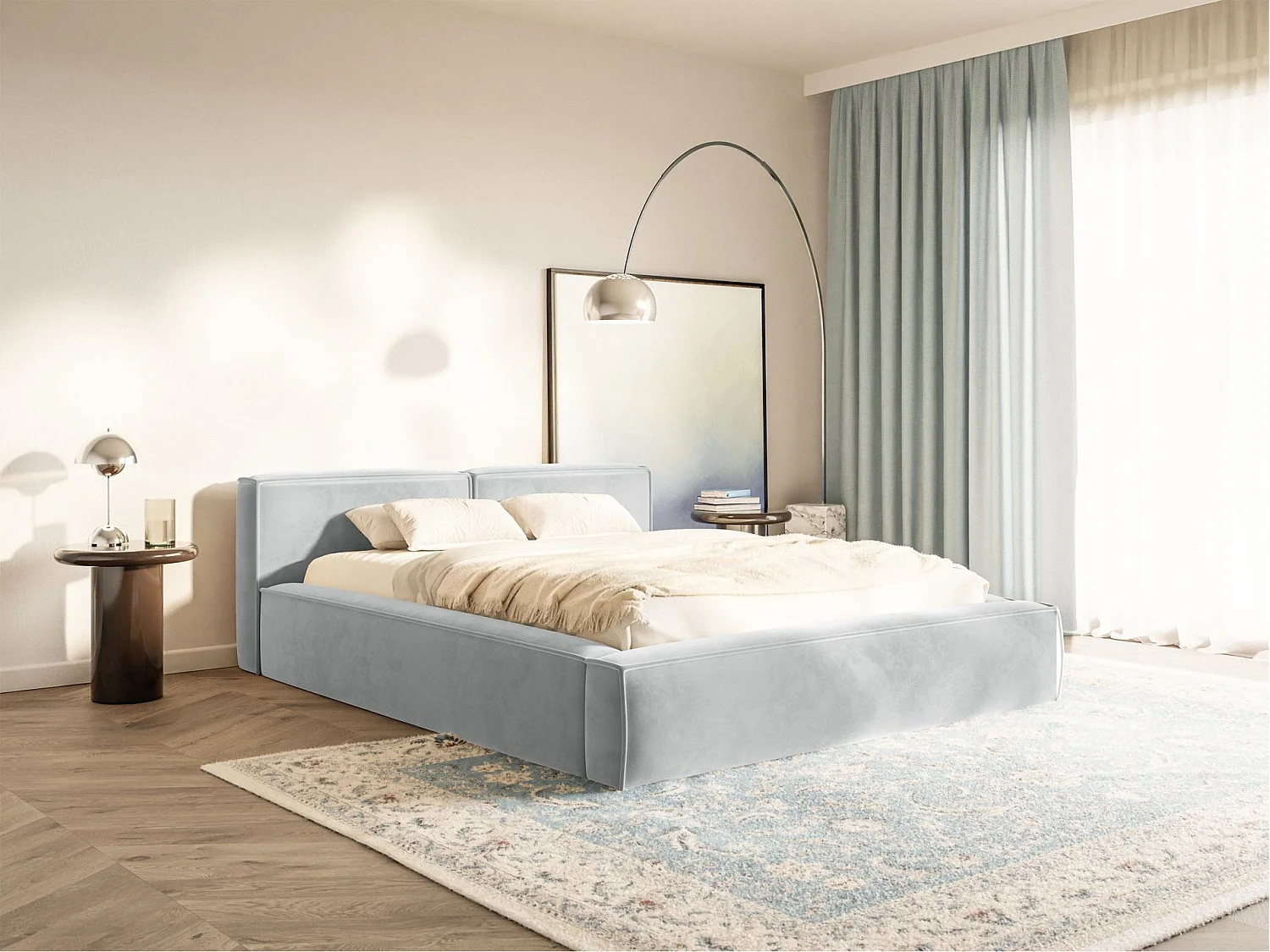 Lit coffre 140x200 avec coffre – sommier à lattes – velours – gris clair – TILVES SLIM