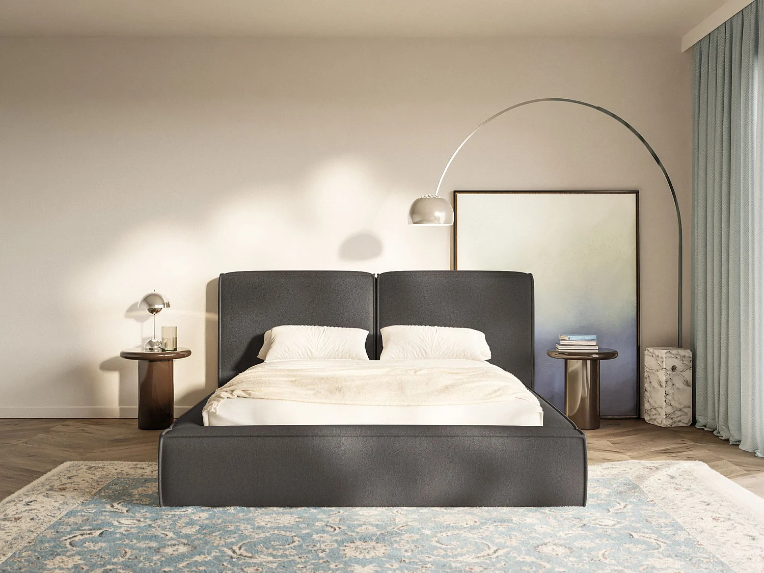 Lit tapissé 200x200 avec coffre – sommier à lattes – chenille – gris graphite – TILVES