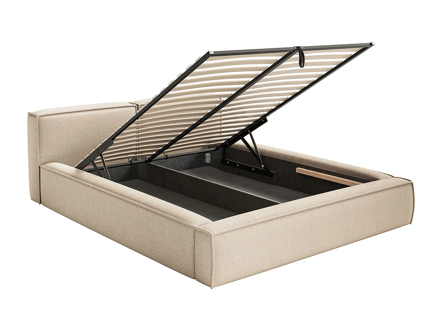Lit coffre 200x200 avec coffre – sommier à lattes – chenille – beige clair – TILVES SLIM
