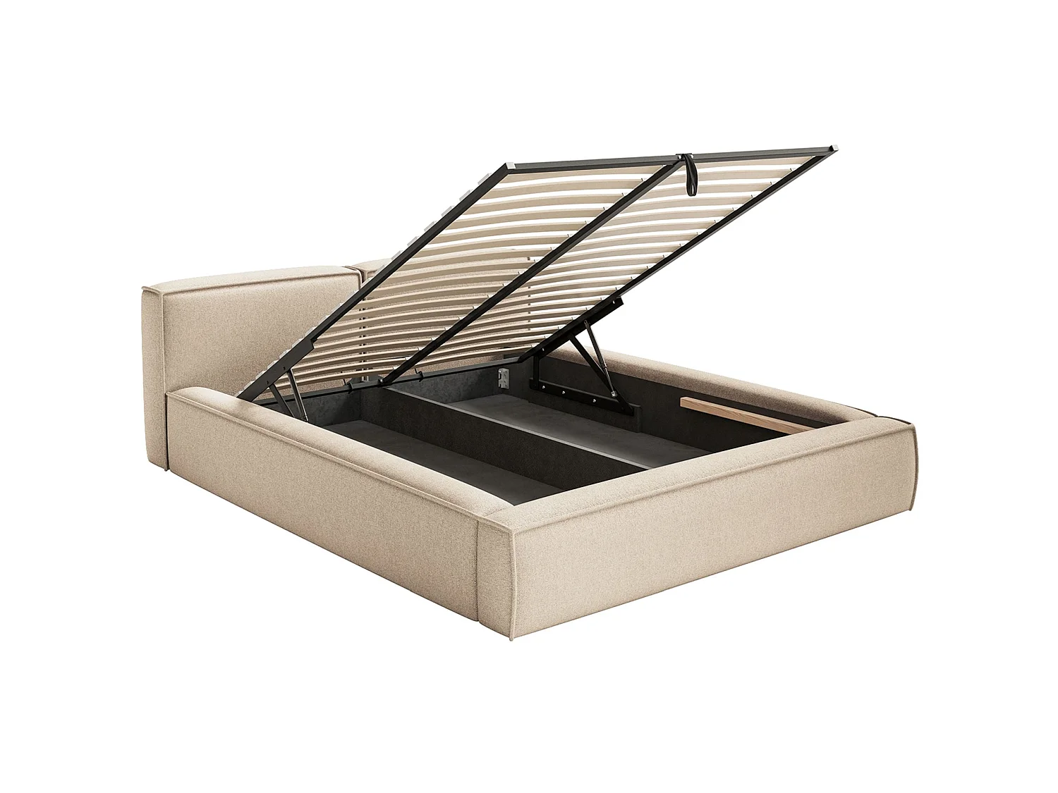 Lit coffre 200x200 avec coffre – sommier à lattes – chenille – beige clair – TILVES SLIM